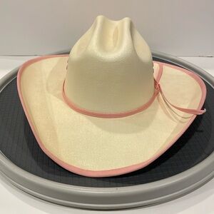 Pre-owned Lonestar Cowboy Pride Hat Size Larger Hard Straw Cream /Pink trim.